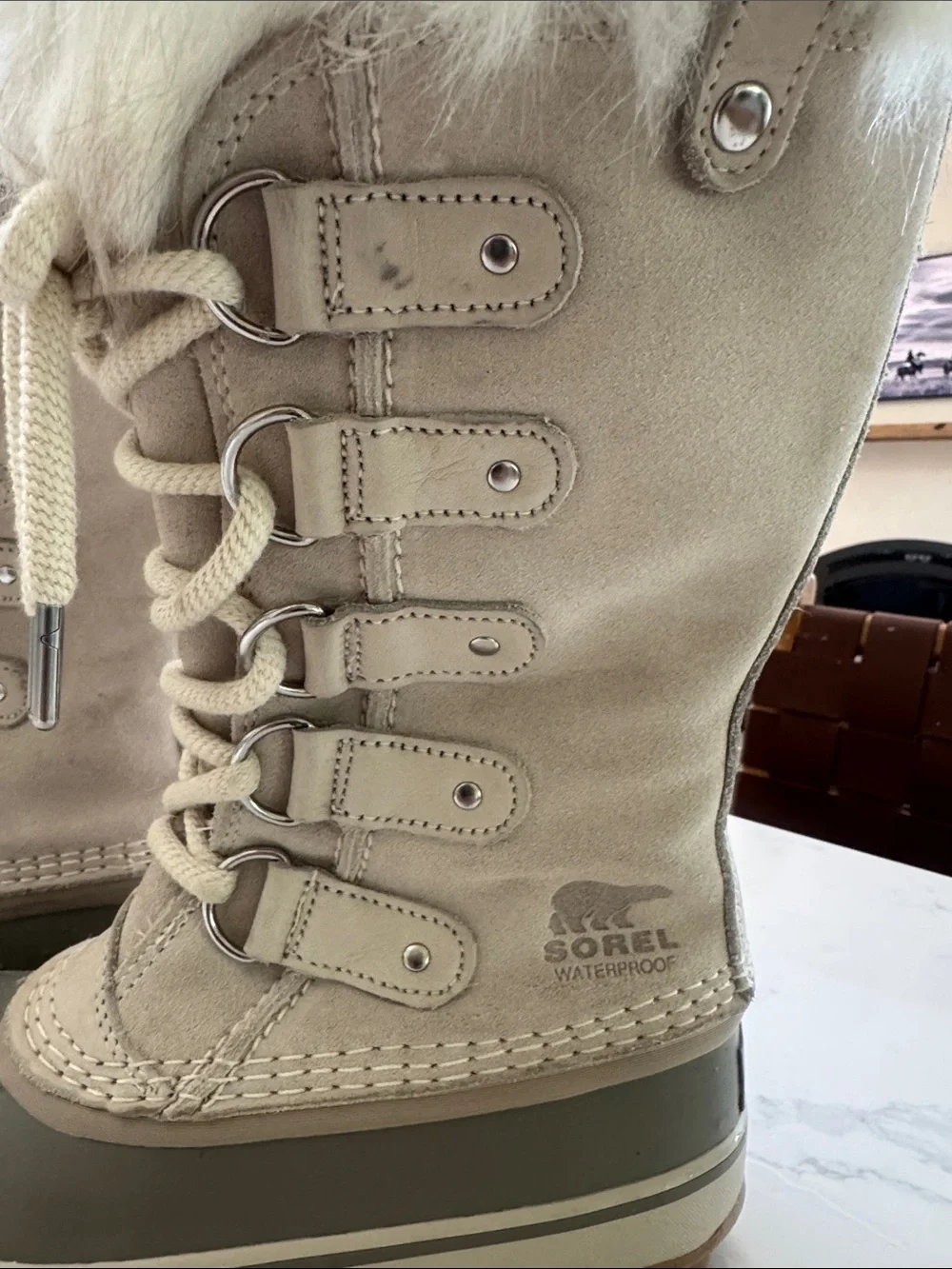 SOREL Joan of Arctic cream suede taupe faux fur waterproof winter snow boots
